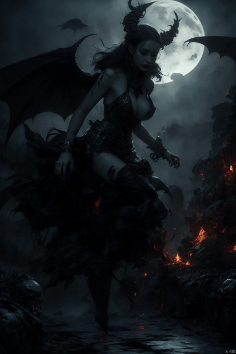  Female ghost king, black hooded cape, slender and slender figure, long red nails, firm and full dripping breasts, bare breasts, exposed breasts, open breasts, silver hair, long flowing hair, red eyes, eyes emitting black flames, holding a bone long sword, black shore flower, black flames around the body, emitting black rage around the body, Floating in the air, feet off the ground, foggy, with giant black bat wings and a demon tail on his back