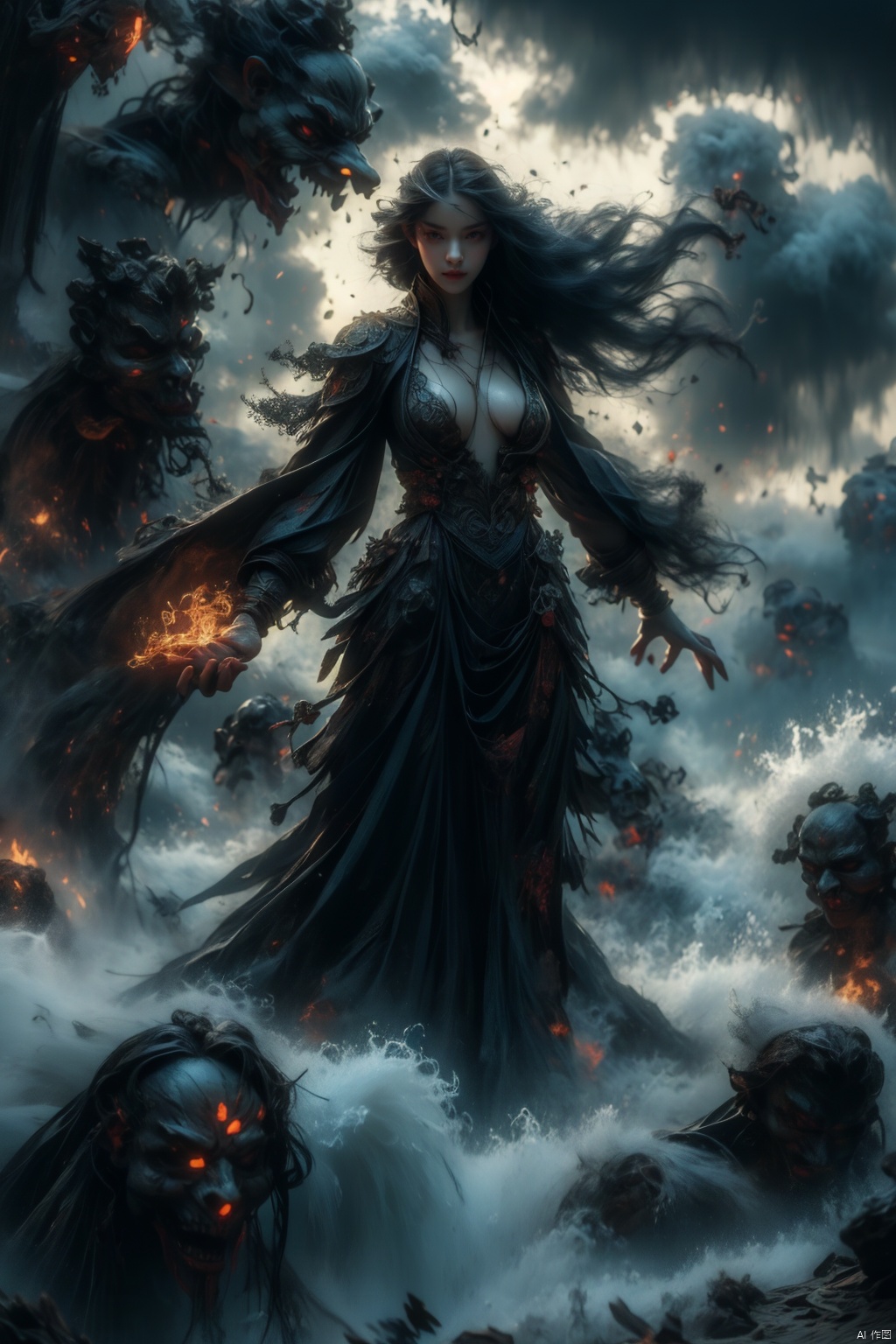  Female ghost king, black hooded cape, slender and slender figure, long red nails, firm and full dripping breasts, bare breasts, exposed breasts, open breasts, silver hair, long flowing hair, red eyes, eyes emitting black flames, holding a bone long sword, black shore flower, black flames around the body, emitting black rage around the body, Floating in the air, feet off the ground, fog, lightning, thunder, storms, huge, broken black demon wings, a demon tail