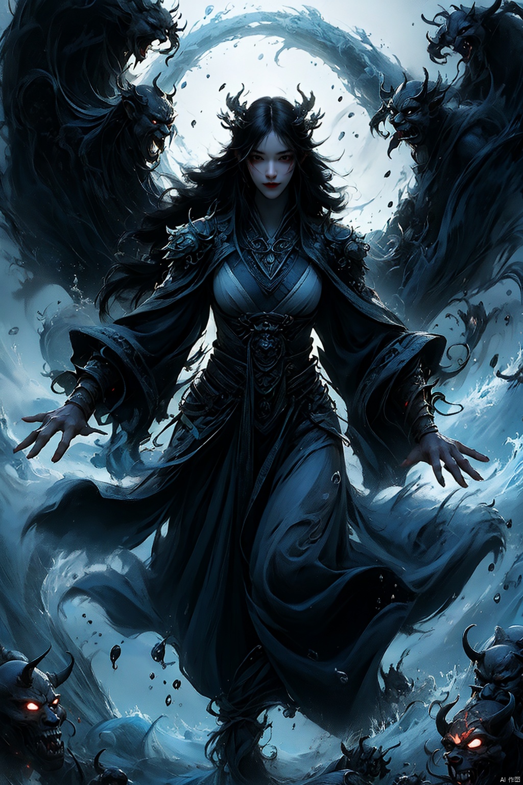  Female ghost king, black hooded cape, slender and slender figure, long red nails, firm and full dripping breasts, bare breasts, exposed breasts, open breasts, silver hair, long flowing hair, red eyes, eyes emitting black flames, holding a bone long sword, black shore flower, black flames around the body, emitting black rage around the body, Floating in the air, feet off the ground, foggy, huge black demon wings spread wide, demon tails