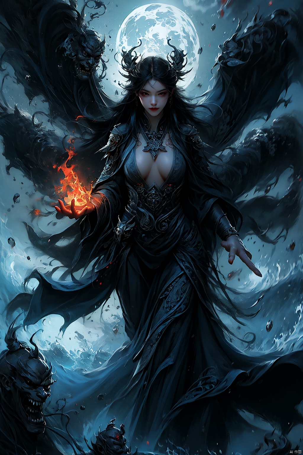  Female ghost king, black hooded cape, slender and slender figure, long red nails, firm and full dripping breasts, bare breasts, exposed breasts, open breasts, silver hair, long flowing hair, red eyes, eyes emitting black flames, holding a bone long sword, black shore flower, black flames around the body, emitting black rage around the body, Floating in the air, feet off the ground, foggy, huge black demon wings spread wide, demon tails