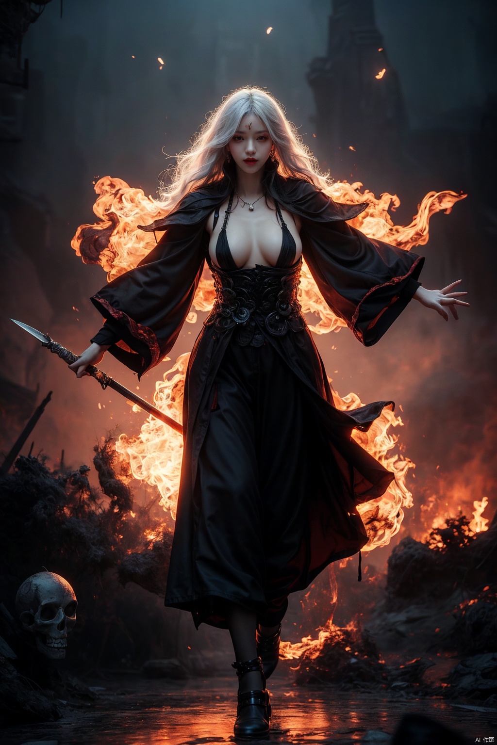  Female ghost king, black hooded cape, slender and slender figure, long red nails, firm and full dripping breasts, bare breasts, exposed breasts, open breasts, silver hair, long flowing hair, red eyes, eyes emitting black flames, holding a bone long sword, black shore flower, black flames around the body, emitting black rage around the body, Floating in the air, feet off the ground, foggy, with giant black bat wings and a demon tail on his back