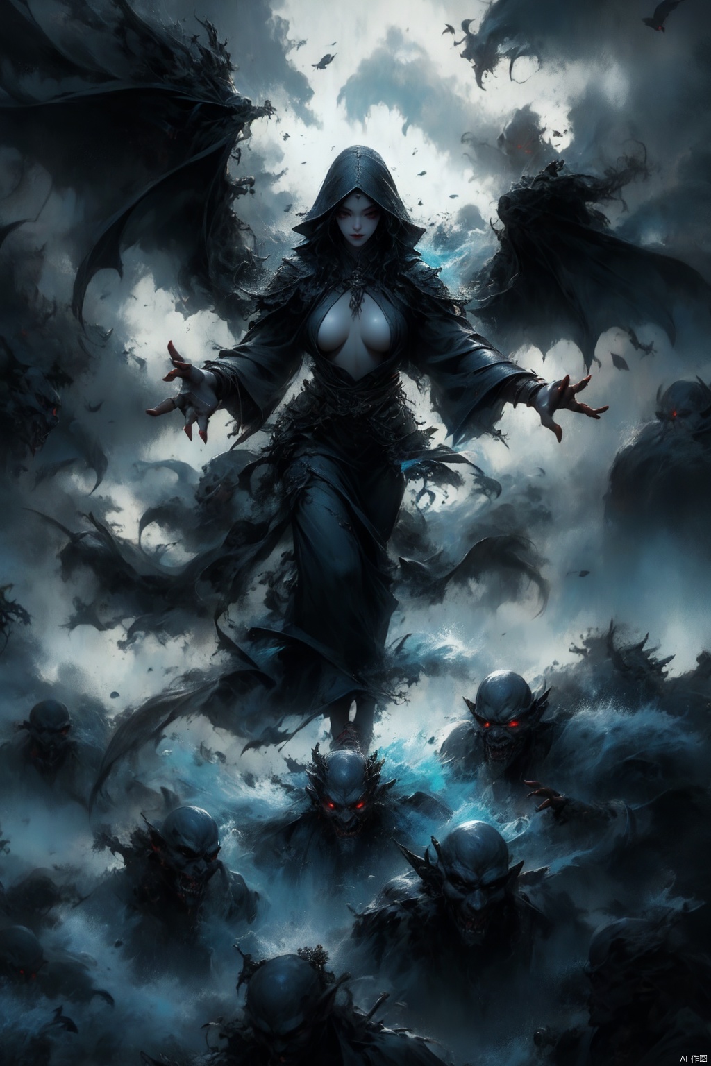  Female ghost king, black hooded cape, slender and slender figure, long red nails, firm and full dripping breasts, bare breasts, exposed breasts, open breasts, silver hair, long flowing hair, red eyes, eyes emitting black flames, holding a bone long sword, black shore flower, black flames around the body, emitting black rage around the body, Floating in the air, feet off the ground, foggy, huge black demon wings spread wide, demon tails