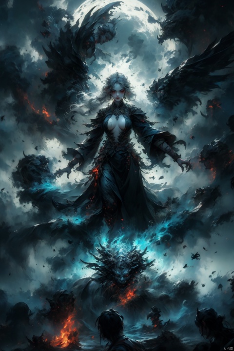 Female ghost king, black hooded cape, slender and slender figure, long red nails, firm and full dripping breasts, bare breasts, exposed breasts, open breasts, silver hair, long flowing hair, red eyes, eyes emitting black flames, holding a bone long sword, black shore flower, black flames around the body, emitting black rage around the body, Floating in the air, feet off the ground, fog in the air, thunder and lightning, storms, huge black demon wings spread wide, demon tails