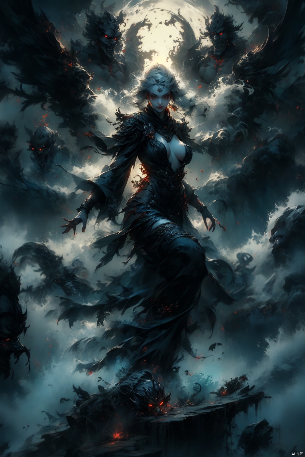  Female ghost king, black hooded cape, slender and slender figure, long red nails, firm and full dripping breasts, bare breasts, exposed breasts, open breasts, silver hair, long flowing hair, red eyes, eyes emitting black flames, holding a bone long sword, black shore flower, black flames around the body, emitting black rage around the body, Floating in the air, feet off the ground, foggy, huge black demon wings spread wide, demon tails