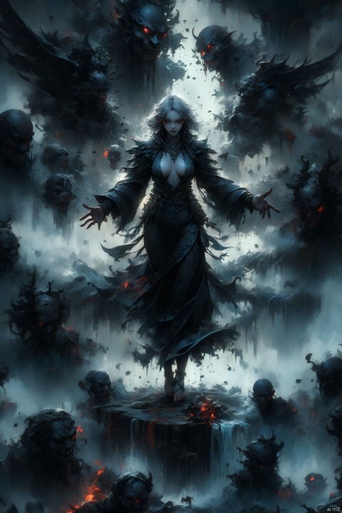 Female ghost king, black hooded cape, slender and slender figure, long red nails, firm and full dripping breasts, bare breasts, exposed breasts, open breasts, silver hair, long flowing hair, red eyes, eyes emitting black flames, holding a bone long sword, black shore flower, black flames around the body, emitting black rage around the body, Floating in the air, feet off the ground, fog, lightning, thunder, storms, huge, broken black demon wings, a demon tail