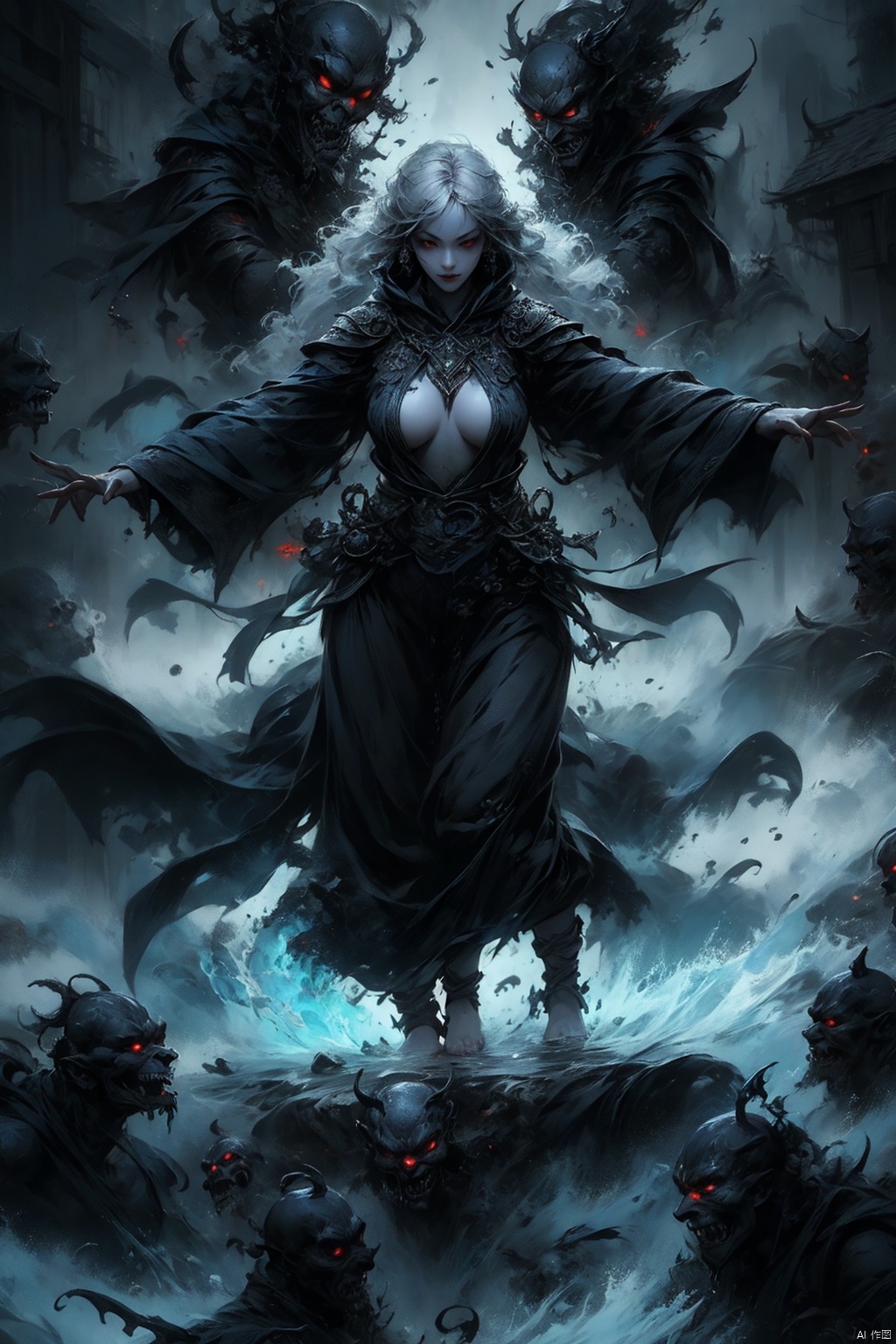  Female ghost king, black hooded cape, slender and slender figure, long red nails, firm and full dripping breasts, bare breasts, exposed breasts, open breasts, silver hair, long flowing hair, red eyes, eyes emitting black flames, holding a bone long sword, black shore flower, black flames around the body, emitting black rage around the body, Floating in the air, feet off the ground, foggy, huge black demon wings spread wide, demon tails