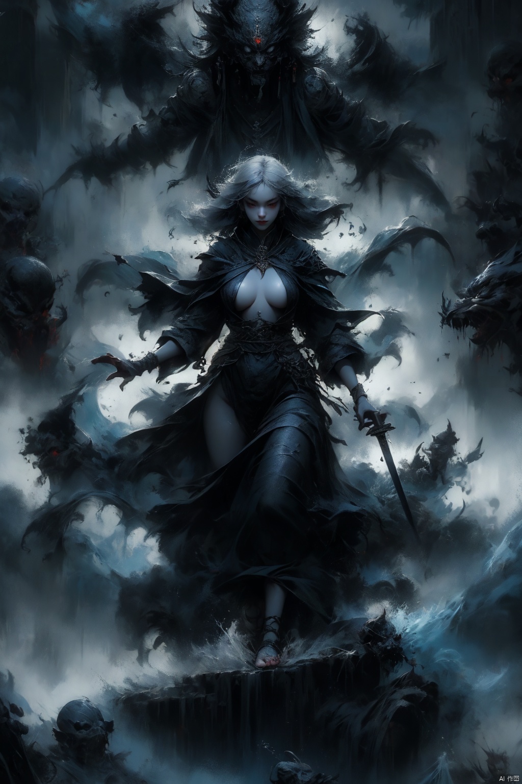  Female ghost king, black hooded cape, slender and slender figure, long red nails, firm and full dripping breasts, bare breasts, exposed breasts, open breasts, silver hair, long flowing hair, red eyes, eyes emitting black flames, holding a bone long sword, black shore flower, black flames around the body, emitting black rage around the body, Floating in the air, feet off the ground, foggy, huge black demon wings spread wide, demon tails