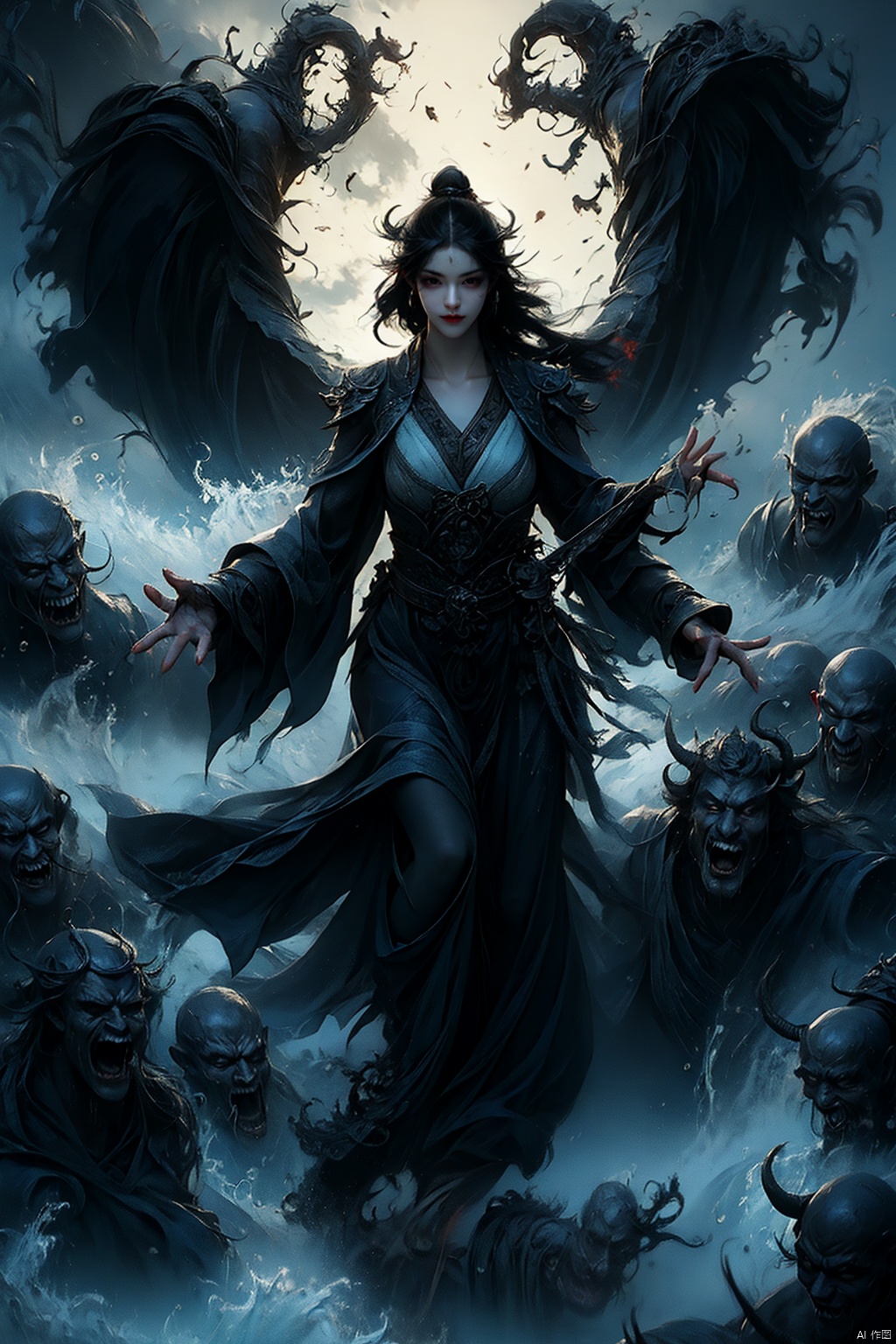  Female ghost king, black hooded cape, slender and slender figure, long red nails, firm and full dripping breasts, bare breasts, exposed breasts, open breasts, silver hair, long flowing hair, red eyes, eyes emitting black flames, holding a bone long sword, black shore flower, black flames around the body, emitting black rage around the body, Floating in the air, feet off the ground, foggy, huge black demon wings spread wide, demon tails