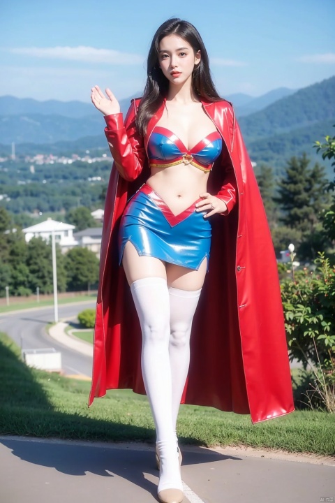 Superwoman, flowing long hair, slim slim figure, tight and slender legs, firm and plump breasts, cleavage, exquisite face, pink and white skin, red and blue superwoman open-chest latex tights, red cape, standing on the top of the mountain