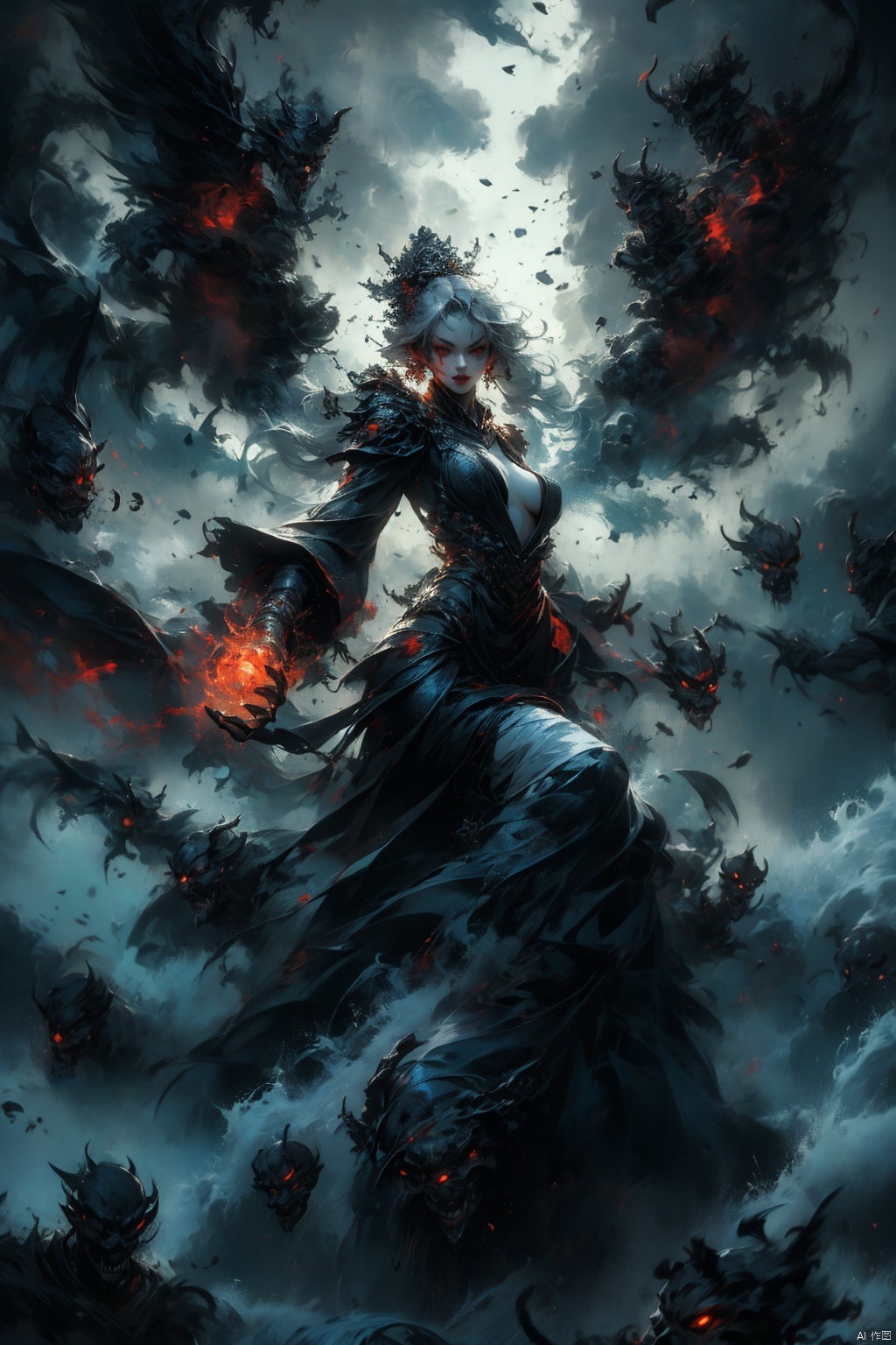  Female ghost king, black hooded cape, slender and slender figure, long red nails, firm and full dripping breasts, bare breasts, exposed breasts, open breasts, silver hair, long flowing hair, red eyes, eyes emitting black flames, holding a bone long sword, black shore flower, black flames around the body, emitting black rage around the body, Floating in the air, feet off the ground, foggy, huge black demon wings spread wide, demon tails