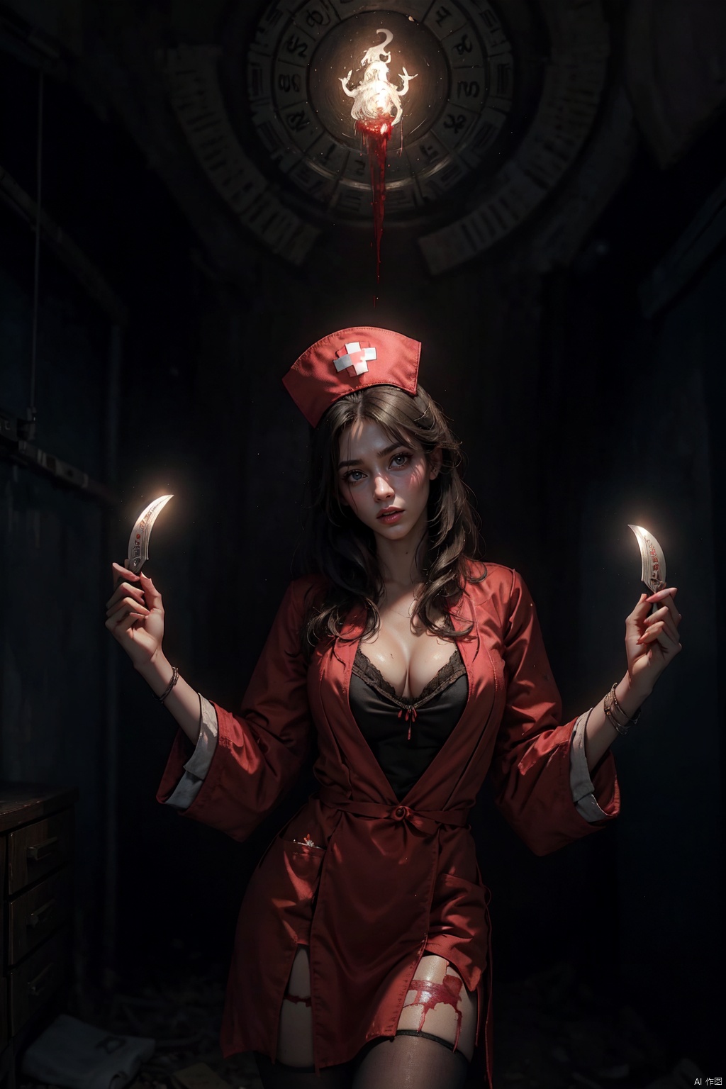Red Phoenix eyes, cold, high cold,(dark night :1.2),(eerie atmosphere :1.2),(dim light :1.2), blood stained hands, dark style, weird smile, bloody head, cold eyes, late night,(mutation of black sexy female nurse :1.3), open pink nurse dress, holding a long knife in hand, Medical maniac, cleavage, long flowing hair, royal sister style, mouth with blood, lime-gray skin, lime-gray face, crazy, tattered clothes, uncovered, bust, (in the dark abandoned hospital :1.2)