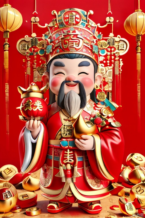  masterpiece,best quality,caishen,1man,facial hair,beard,solo,chinese clothes,long sleeves,wearing red caishen_headwear,wide sleeves,smile,gold,cloud, facai, xinnian, caishen, dafengcaishen