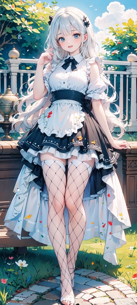  (extremely detailed CG unity 8k wallpaper),(((masterpiece))), (((best quality))), ((ultra-detailed)), (best illustration),(best shadow), ((an extremely delicate and beautiful)),purple thighhighs,maid,huge_breasts,feet worship,outdoors,noshoes,leg_spread,(no shoes, toenails painted red), (((NOSHOES:1.1))),move,black pantyhose,lace trim, (tutututu),fishnets