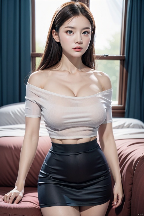 Tall girl, muscular, a girl with long hair, barefoot, big breasts, pure wind stretch base shirt, short butt skirt, fishtail skirt, bare legs, wide shoulders, narrow waist, fair skin, bare midriff, off-shoulder top, deep cleavage, realism, big picture Windows, sun on the body, holding a plate of waffles, long legs, pure wind, photo, Baby breasts, increase muscle, increase detail, increase body detail, increase background, 16K, pale body, fleshy thighs, pear shape, ((poakl)), MUSCULAR FEMALE