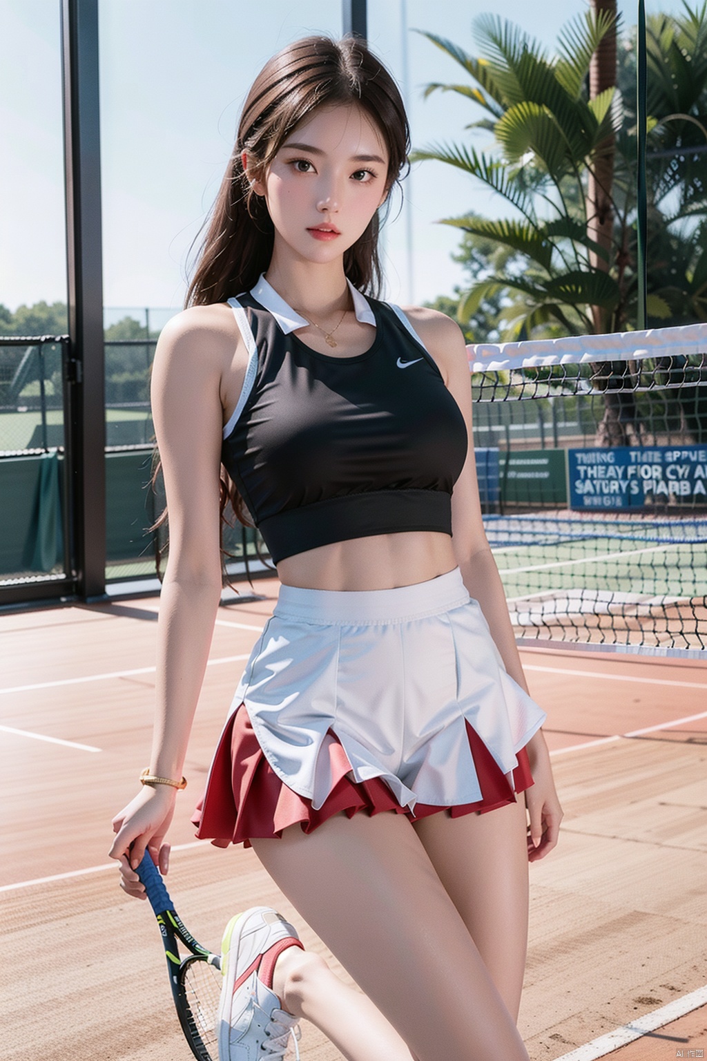 A girl, a tennis girl, wide shoulders, narrow waist, right shoulders, long legs and big breasts, crop gym vest, sports girl, sports skirt, sneakers, bare legs, wearing a fitness bracelet, tennis racket in hand, playing on a tennis court, add muscle, add detail, add background, muscle girl, add playing action, deep cleavage,