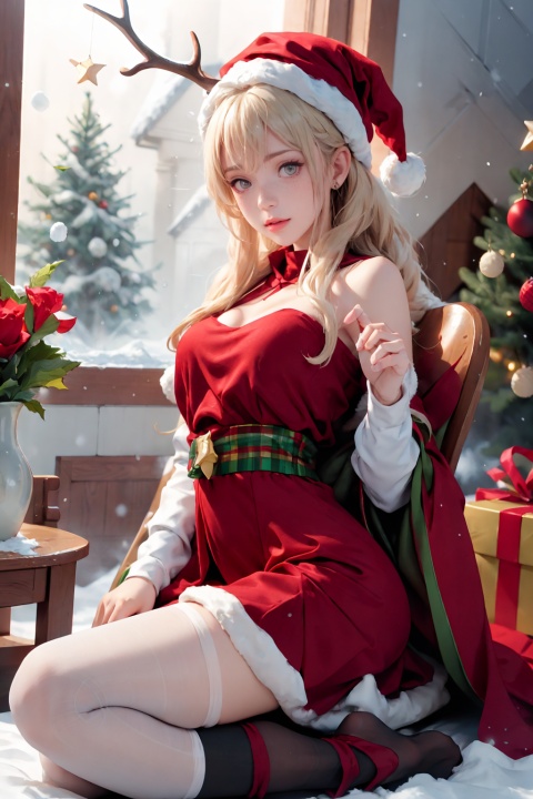  ((best quality)), ((masterpiece)), small breasts,20-year-old girl, (solo), (snowing:1.5),((snow Forest background)), ((christmas red velvet shawl dress, plush antler headwear)), Vintage portal, photography style, soft focus,Blonde hair, freckles, Detailed light and shadow, Front light source, christmas photo, christmas tree, Christmas present, Christmas stocking, White lace knee socks, warm ligh,hair ornaments,1girl, xiqing, tutututu, NSFW, 1girl, red skirt, (tutututu), spider_lily,SFW, medium breasts, CN GIRL5, torn pantyhose, HUBG_CN_illustration, christmas, yunbin, (red edge thighhighs), (red edge stockings)