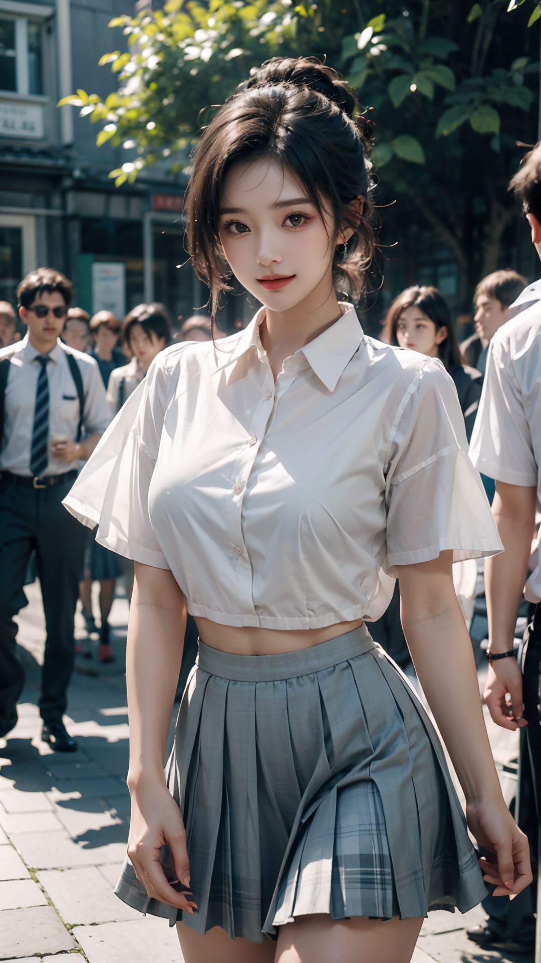  Woman posinginschoolyard、top-quality、女の子1 a person、middlebreasts、tag、with light glowing、blur backgroun、bokeh dof、outside ofhouse、(Street:0.8)、(aperson々、Large crowds:1、A slender、large full breasts、hi-school girl、Clothes that adhere perfectly to the body、White collared shirt、shortsleeves、（Pleated skirt with dark green check)、Floating hair、Long、Forehead:0.8)、Beautiful skywithdetails、耳Nipple Ring、A slender、Sareme、 (above knee)、Soft lighting、the wind、glowy skin、A smile、The wind is blowing、
