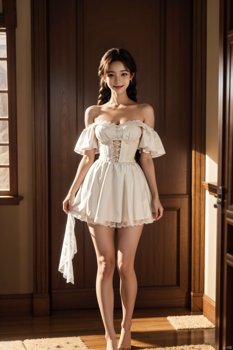  National style, chest wipe, horse skirt, bare shoulder, collarbone, collarbone chain, white lace corset top, lower body with horse skirt, exposing legs, bare feet, tall female, wide shoulder narrow waist, white skin, delicate face, shaking a fan in the hand, smiling expression, a slight smile is very beautiful, side head, landscape background, Chinese Niang, senior sense, real beauty, long legs and big breasts, Braids in one side scorpion braid,