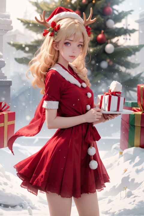  ((best quality)), ((masterpiece)), small breasts,20-year-old girl, (solo), (snowing:1.5),((snow Forest background)), ((christmas red velvet shawl dress, plush antler headwear)), Vintage portal, photography style, soft focus,Blonde hair, freckles, Detailed light and shadow, Front light source, christmas photo, christmas tree, Christmas present, Christmas stocking, White lace knee socks, warm ligh,hair ornaments,1girl, xiqing, tutututu, NSFW, 1girl, red skirt, (tutututu), spider_lily