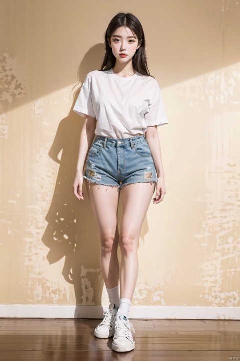 White sneakers, white socks, white T-shirt short sleeves, blue denim shorts, young girl, long legs and big breasts, nice day, delicate face, pear-shaped body, tall woman, model body, waist-to-hip ratio perfect, adds detail, adds background, fair skin, oily body, dancing, supermodel,