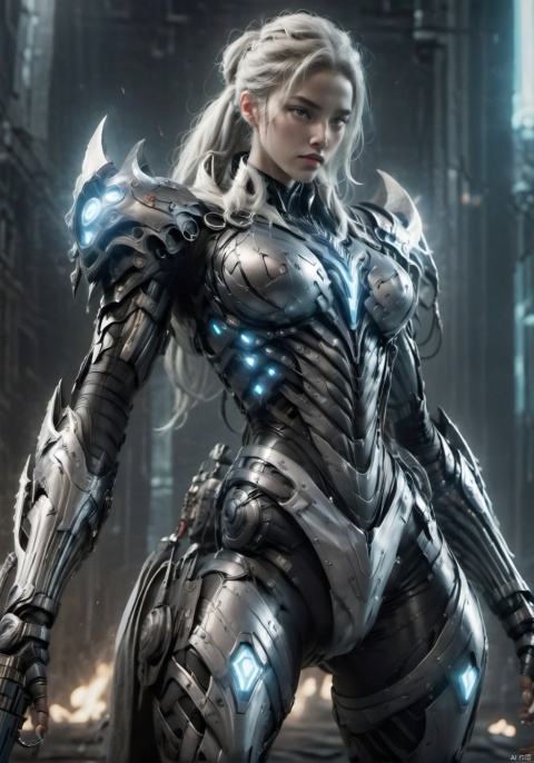 A double ponytail girl, tall woman, long-legged beauty, toned figure, smooth muscle lines, increase body details, increase muscle lines, increase background, female warrior wielding a long axe, a giant axe wrapped in lightning and fire, young girl, white tiger mount, Future technology battle armor, biological battle armor, city guard, War Hime, Valkyries, fighting women, Tight combat suit, monster armor, Real combat effects, movie texture, movie light effects, Wide shoulders, narrow waist, pear-shaped body, open-fingered combat gloves, Biotech, two legs, two arms, two hands, two feet, five toes, five fingers, increased combat damage, blood rush battle scenes,