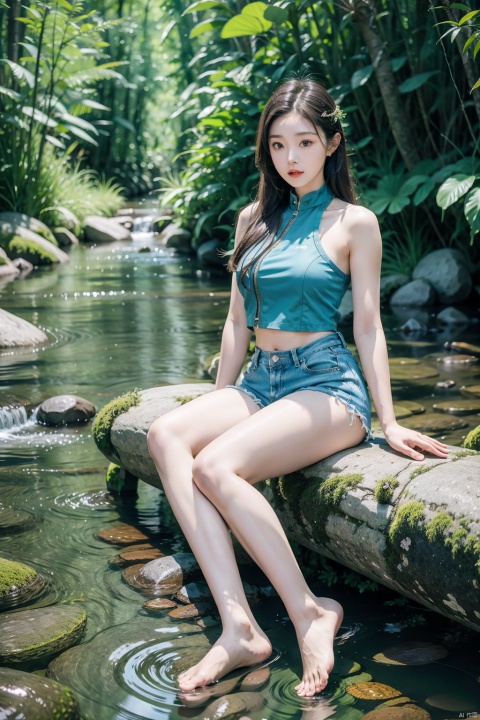  Outdoor camping, stream fishing, stony streams, abundant fish catch, a girl sitting on a chair fishing in a stream, clear water, wearing very little clothing, bare legs, bare feet, cocked legs, long hair, two legs, two arms, five toes, five fingers, showing her legs, real scene, added detail, younger, Girly sense, advanced sense, wild fishing, fair skin, forest background, girls wash their feet in streams, girls play with their feet, short shorts, crop halter vest, wide shoulders narrow waist, long legs big chest, hips, pear shape, do not fat girls, a belly button, increase muscle, blood vessel details pull full,