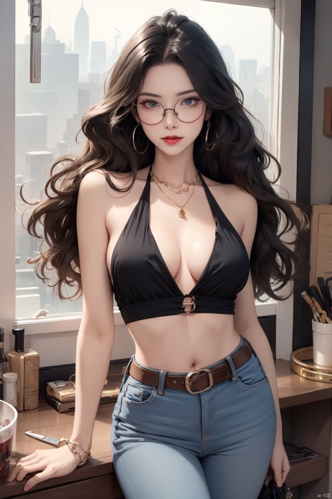  A sexy girl, long curly hair, big wavy hair, model figure, tall female, oily skin, delicate face, extremely detailed hands and feet, two hands, two feet, perfect body proportions, body proportions do not break, belly button halter vest, skinny jeans, metal buckle belt, glasses on the bridge of the nose, hand-held glasses, looking over the top of the glasses, Show yourself, black silk, perspective effect, soft light, smooth muscle lines, Hong Kong style, one-handed shoes off, high heels, blood vessels raised, naked clothes change, black long straight, necklace, eye shadow, lipstick, 16k screen, movie texture, full chest to hold up clothes, raised points, high heels hanging on the feet, high heels, showing their feet, indoor background, warm home, ll-hd, Mature, black pantyhose, eyeglasses,五个手指头,