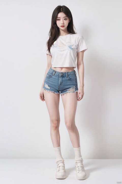 White sneakers, white socks, white T-shirt short sleeves, blue denim shorts, young girl, long legs and big breasts, nice day, delicate face, pear-shaped body, tall woman, model body, waist-to-hip ratio perfect, adds detail, adds background, fair skin, oily body, dancing, supermodel, dopamine, aimeibo, MUSCULAR FEMALE