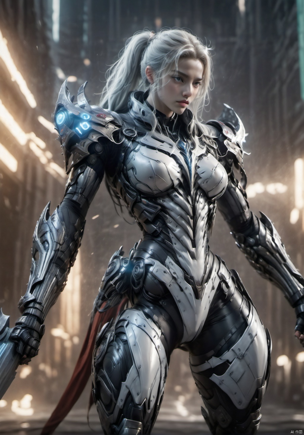 A double ponytail girl, tall woman, long-legged beauty, toned figure, smooth muscle lines, increase body details, increase muscle lines, increase background, female warrior wielding a long axe, a giant axe wrapped in lightning and fire, young girl, white tiger mount, Future technology battle armor, biological battle armor, city guard, War Hime, Valkyries, fighting women, Tight combat suit, monster armor, Real combat effects, movie texture, movie light effects, Wide shoulders, narrow waist, pear-shaped body, open-fingered combat gloves, Biotech, two legs, two arms, two hands, two feet, five toes, five fingers, increased combat damage, blood rush battle scenes,