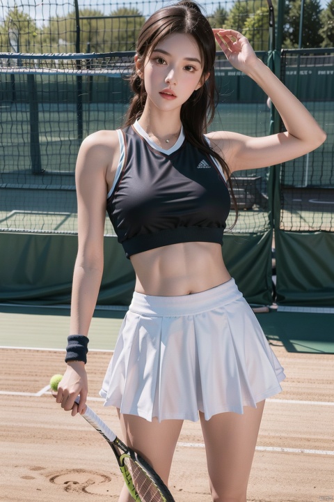 A girl, a tennis girl, wide shoulders, narrow waist, right shoulders, long legs and big breasts, crop gym vest, sports girl, sports skirt, sneakers, bare legs, wearing a fitness bracelet, tennis racket in hand, playing on a tennis court, add muscle, add detail, add background, muscle girl, add playing action, deep cleavage,