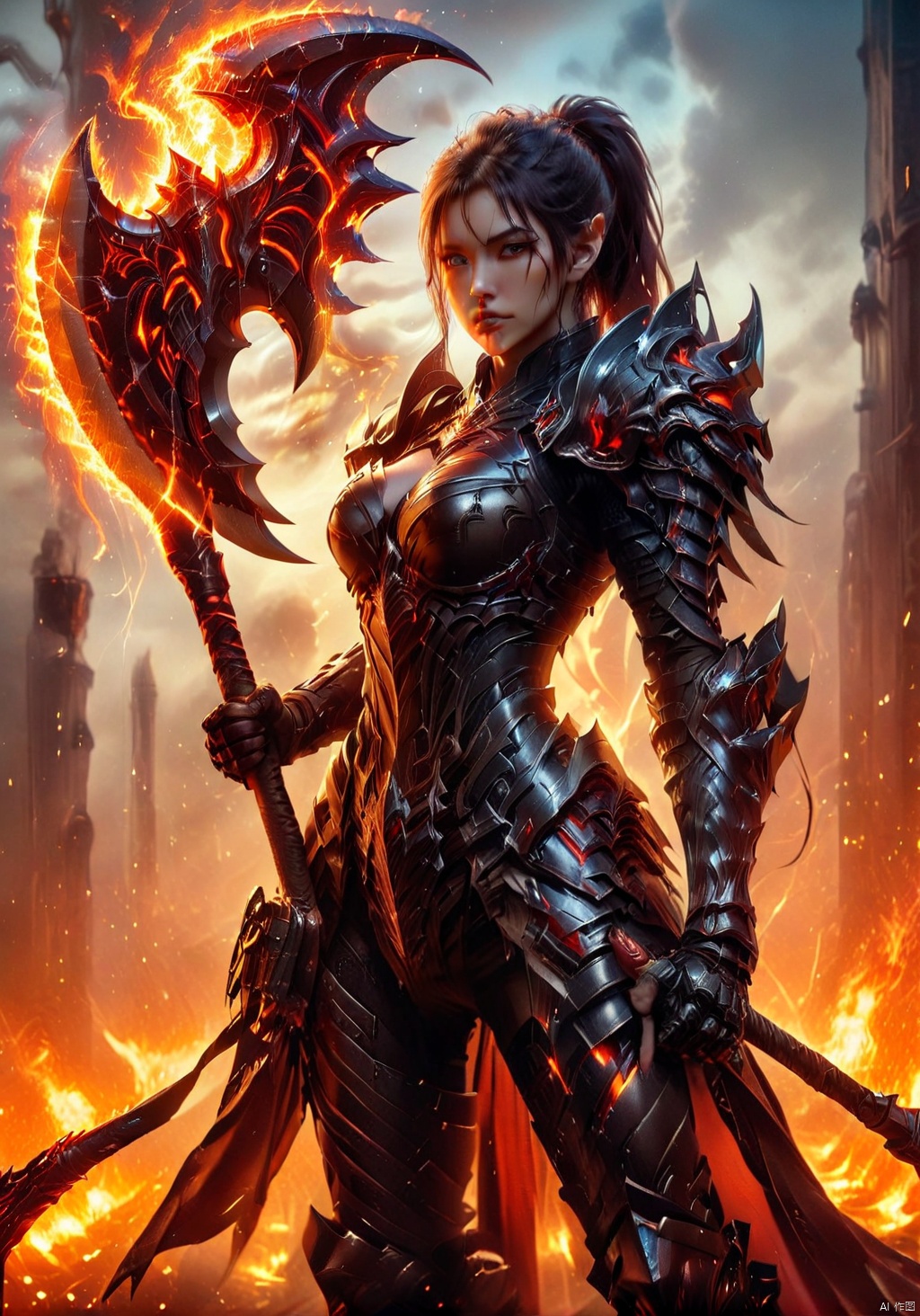 A double ponytail girl, tall woman, long-legged beauty, toned figure, smooth muscle lines, increase body details, increase muscle lines, increase background, female warrior wielding a long axe, a giant axe wrapped with lightning and fire, young girl, high quality beauty sister, future technology battle armor, biological battle armor, city guard, War Hime, Valkyra, fighting women, Tight combat suit, monster armor, Real combat effects, movie texture, movie light effects, Wide shoulders, narrow waist, pear-shaped body, open-fingered combat gloves, Biotech, two legs, two arms, two hands, two feet, five toes, five fingers, increased combat damage, blood rush battle scenes,