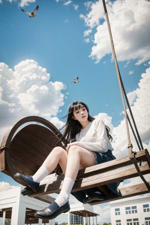  1girl,solo,sitting,sky,clouds,outdoors,black hair,bird,blue sky,white socks,daytime,building,long sleeves,long hair,playing on the swing,bangs,cloudy sky,wide_shot,hand between legs,blurry_background, ((poakl)), songyi