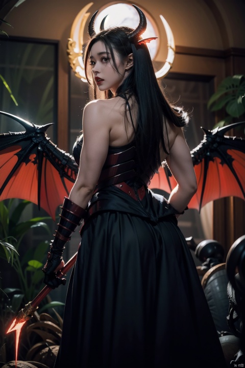 Succubus, feminine, sorceress, a humanoid monster, walking erect, bony exoskeleton, big muscles, super-developed muscles, burst blood vessels, glowing red eyes, vertical eyes, spine overgrown with bone spikes, huge horns on the head, bat wings with claws on the back, demon spawn, atomic energy, laser effects, atomic breath, Breathe out of the mouth, humanoid structure, combat posture, movie texture, increase background, increase details, increase muscle, scarlet mountain, blood full moon, end of life, Zombie Siege, monster evolution showdown, wide shoulders narrow waist, sense of reality, long legs big chest, big breasts, muscle details pull full, royal sister wind, noble cold, King's disdain, look back sideways,