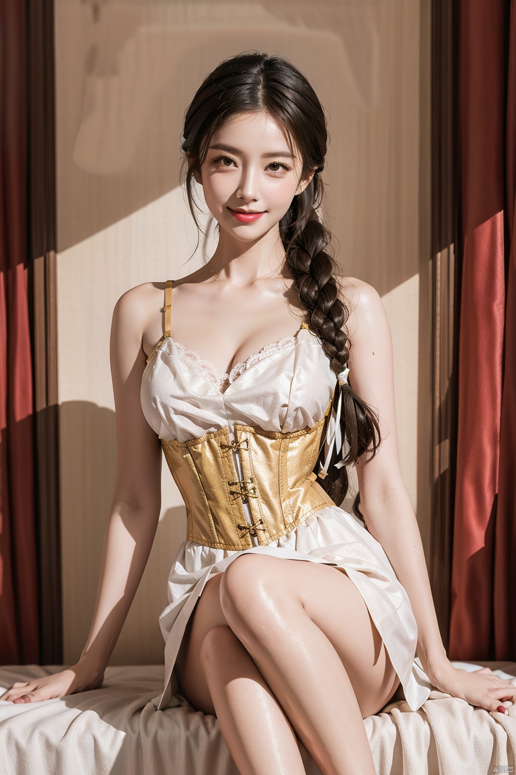  National style, chest wipe, horse skirt, bare shoulder, collarbone, collarbone chain, white lace corset top, lower body with horse skirt, exposing legs, bare feet, tall female, wide shoulder narrow waist, white skin, delicate face, shaking a fan in the hand, smiling expression, a slight smile is very beautiful, side head, landscape background, Chinese Niang, senior sense, real beauty, long legs and big breasts, Braids in one side scorpion braid, ((poakl))