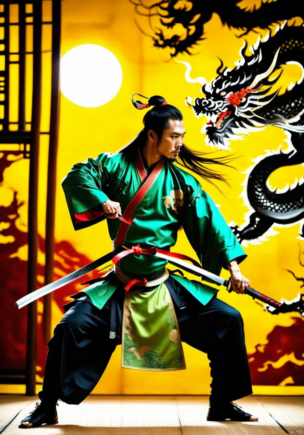 Kung Fu girl, riding on the back of a knife, wandering girl, holding a knife, cross cutting, tall woman, chivalrine, bold woman, fit body, wearing a green bamboo hat, holding a green bamboo cane, carrying a knife, leading a handsome dragon horse, bare midriff dress, bright silver armour, animal leather pants, thick rope belt, hanging on the belt with a wine gourd and a short knife, wide shoulders and narrow waist, adding details, Increase the muscle, increase the background, long hair beauty, boxing master, ancient clothing, national style, Chinese Niang, full of fighting,