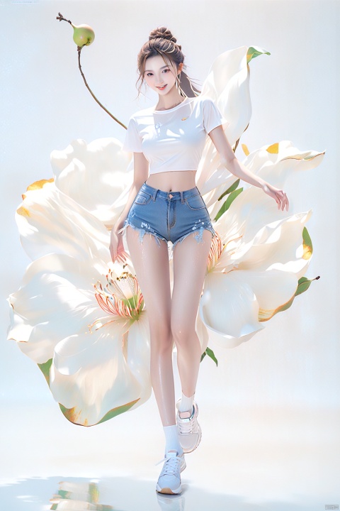 White sneakers, white socks, white T-shirt short sleeves, blue denim shorts, young girl, long legs and big breasts, nice day, delicate face, pear-shaped body, tall woman, model body, waist-to-hip ratio perfect, adds detail, adds background, fair skin, oily body, dancing, supermodel, Bloom_The girl in the flower, MAJICMIX STYLE