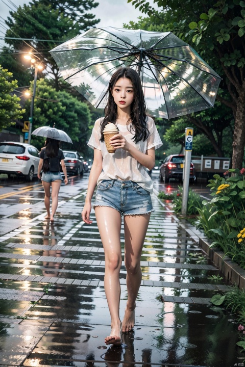  Young girl with umbrella, walking in the rain, barefoot, barefoot walking on the wet street, alone, wet body, the ground covered with fallen flowers, add detail, add background, long broken silver hair, rainy summer night, short sleeve shorts, young girl, holding a cup of ice cream, followed by a little black pig at her feet, songyi