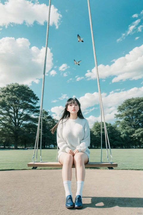  1girl,solo,sitting,sky,clouds,outdoors,black hair,bird,blue sky,white socks,daytime,building,long sleeves,long hair,playing on the swing,bangs,cloudy sky,wide_shot,hand between legs,blurry_background, ((poakl))
