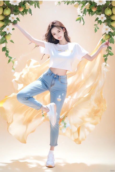 White sneakers, white socks, white T-shirt short sleeves, blue denim shorts, young girl, long legs and big breasts, nice day, delicate face, pear-shaped body, tall woman, model body, waist-to-hip ratio perfect, adds detail, adds background, fair skin, oily body, dancing, supermodel, Bloom_The girl in the flower, MAJICMIX STYLE