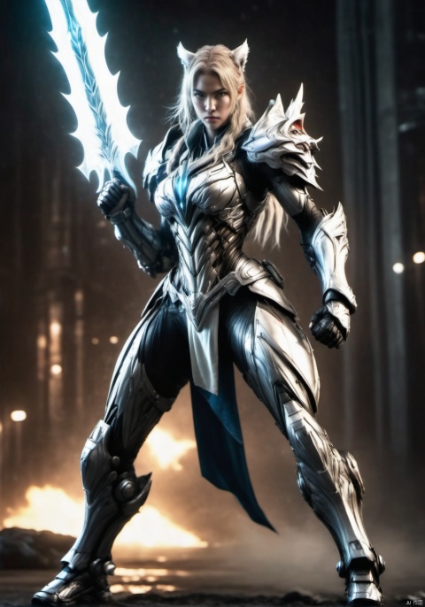 A double ponytail girl, tall woman, long-legged beauty, toned figure, smooth muscle lines, increase body details, increase muscle lines, increase background, female warrior wielding a long axe, a giant axe wrapped in lightning and fire, young girl, white tiger mount, Future technology battle armor, biological battle armor, city guard, War Hime, Valkyries, fighting women, Tight combat suit, monster armor, Real combat effects, movie texture, movie light effects, Wide shoulders, narrow waist, pear-shaped body, open-fingered combat gloves, Biotech, two legs, two arms, two hands, two feet, five toes, five fingers, increased combat damage, blood rush battle scenes,