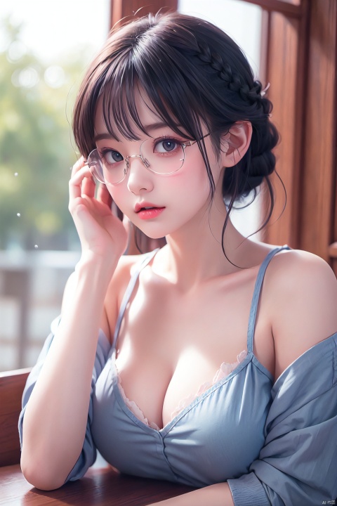  breasts, braid, large breasts, cleavage, glasses, blue theme, table, trembling, monochrome, blush, 1girl, breast rest, breasts on table, cup, looking at viewer, collarbone, drinking glass, short hair, sweat, bangs, sweatdrop, closed mouth, side braid, solo focus, indoors, semi-rimless eyewear, spoken sweatdrop, kirby, glass, blanket
