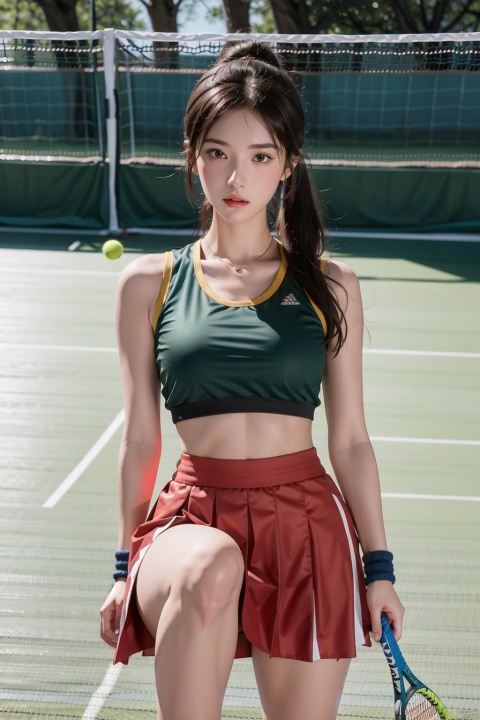 A girl, a tennis girl, wide shoulders, narrow waist, right shoulders, long legs and big breasts, crop gym vest, sports girl, sports skirt, sneakers, bare legs, wearing a fitness bracelet, tennis racket in hand, playing on a tennis court, add muscle, add detail, add background, muscle girl, add playing action, deep cleavage,