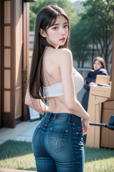  Girl, solo, long hair, looking at the audience, blue eyes, blonde hair, Jewelry, closed mouth, standing, butt, cowboy lens, looking back, pants, looking from behind, bracelet, lips, looking back, topless, denim, jeans, realism, breasts exposed, wide shoulders narrow waist, butt, nipples raised, light pink areola, low-rise pants, exposing butt cleavage, Standing split, ((poakl))