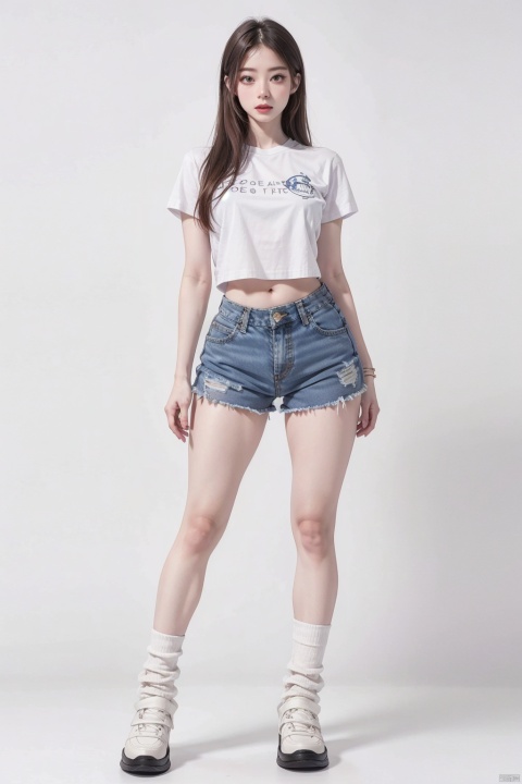  White sneakers, white socks, white T-shirt short sleeves, blue denim shorts, young girl, long legs and big breasts, nice day, delicate face, pear-shaped body, tall woman, model body, waist-to-hip ratio perfect, adds detail, adds background, fair skin, oily body, dancing, supermodel, dopamine, aimeibo, MUSCULAR FEMALE