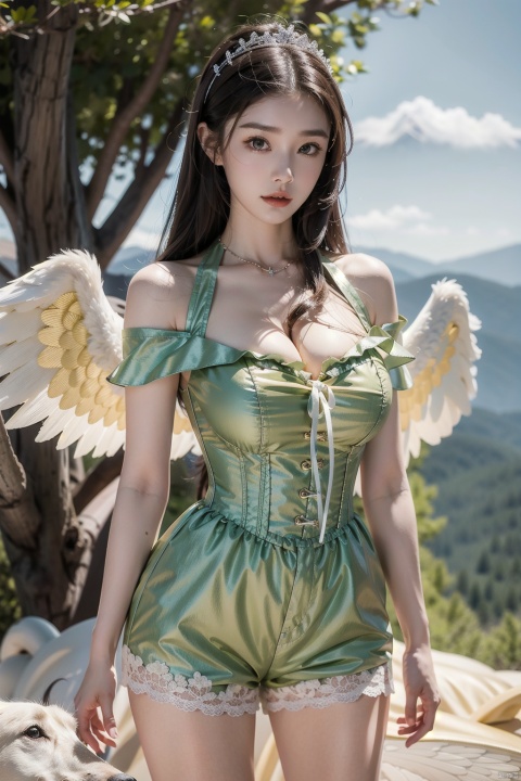 Pear-shaped body, perfect waist-to-hip ratio, swan neck, beautiful collarbone chain, super long hair, big boobs, long-legged beauty, huge wings on the back, angel wings, halter romper shorts, big V-neck open corset, lace lace, wearing a tiara, high sense, outdoor shooting, photo album, muscular, off-the-shoulder, bare-legged, barefoot, blue sky, white clouds, Quiet plateau background, snow mountains can be seen in the distance, lace corset, accompanied by a black horse and a yellow dog, real beauty, adding details, soft light, white skin, correct body structure, body art, private portrait, girlish feeling, five toes, five fingers, showing their body, confident woman, multi-action, multi-angle shooting, seductive art, High definition,