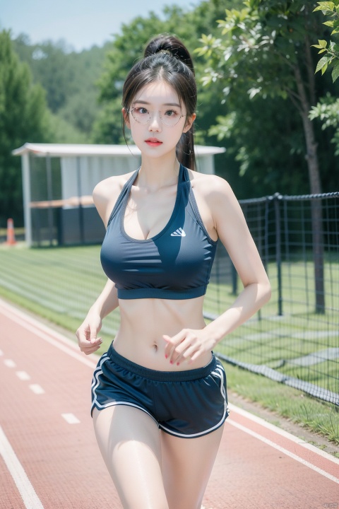 A girl, outdoor running girl, sunny, long legs sister, high tie ponytail, running windproof sunglasses, naked vest, naked fitness shorts, fashion sports underwear, ultralight running shoes, bare legs, naked arms, wearing sports watches, muscular girls, athletic girls, increase muscle lines, abs clear, two legs, two arms, two feet, two hands, Five fingers, five toes, body detail, add detail, add background, deep cleavage, vibrant teenage girl, nude solid color low-cut halter vest, bare midriff, realistic, with running, chest high ponytail bumps up and down, wide shoulders narrow waist, fair skin, super white, super transparent skin, fleshy body, not fat girls, increase realism, Running on the track, one-piece sports underwear, European style sports shorts, invisible boat socks, running legs with ganglion, hip lift shorts, skinny strap underwear, Back bra, Bra Push-up underwear, Dopamine girl, Fitness wear, body stretching, Increase movement,