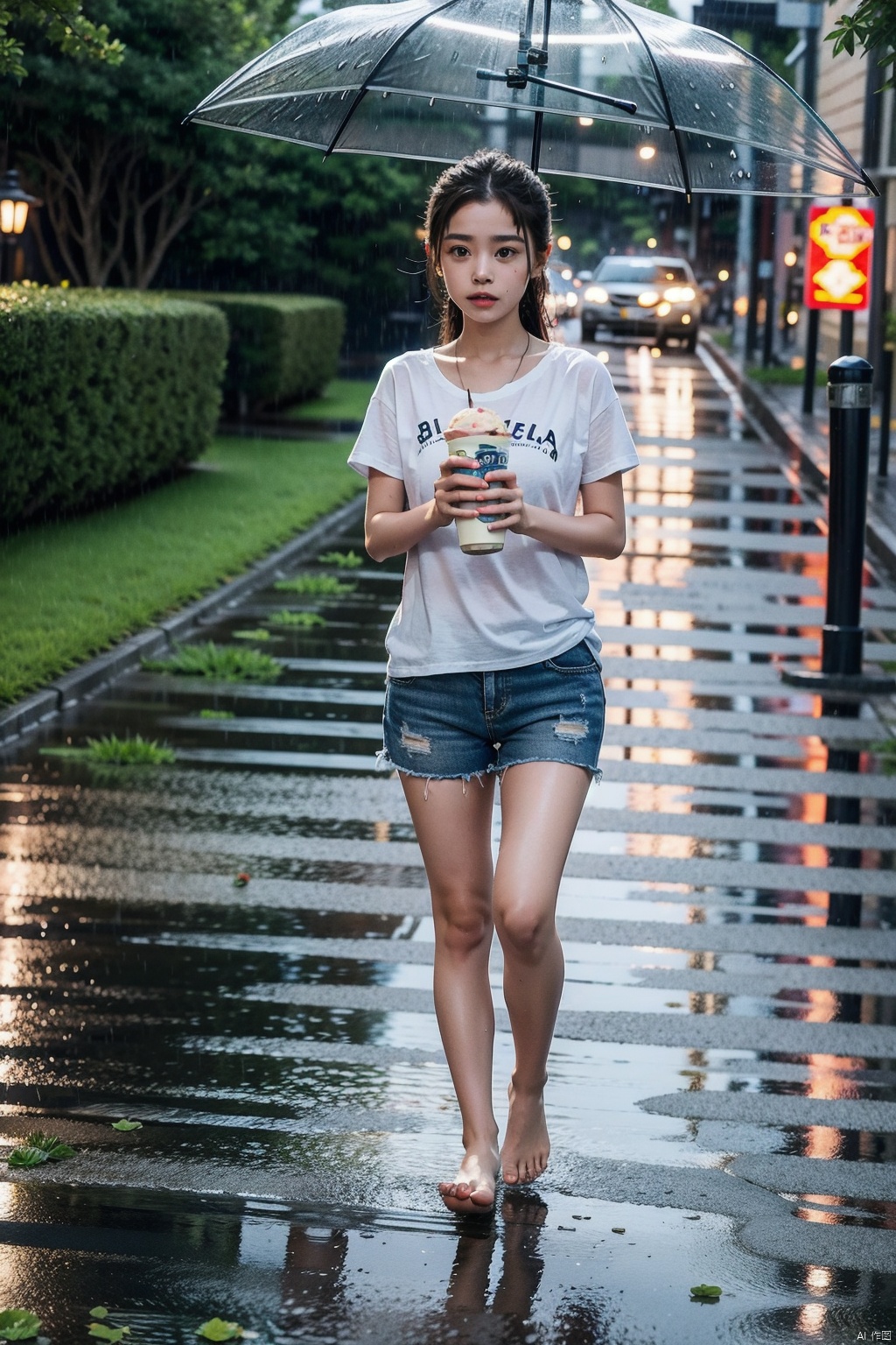  Young girl with umbrella, walking in the rain, barefoot, barefoot walking on the wet street, alone, wet body, the ground covered with fallen flowers, add detail, add background, long broken silver hair, rainy summer night, short sleeve shorts, young girl, holding a cup of ice cream, followed by a little black pig at her feet, songyi