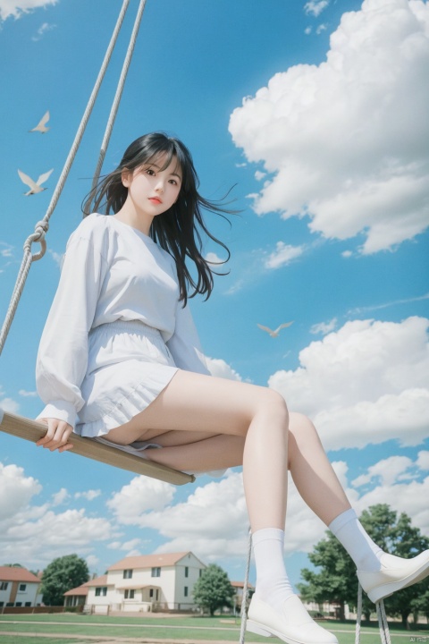 1girl,solo,sitting,sky,clouds,outdoors,black hair,bird,blue sky,white socks,daytime,building,long sleeves,long hair,playing on the swing,bangs,cloudy sky,wide_shot,hand between legs,blurry_background,