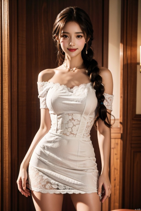 National style, chest wipe, horse skirt, bare shoulder, collarbone, collarbone chain, white lace corset top, lower body with horse skirt, exposing legs, bare feet, tall female, wide shoulder narrow waist, white skin, delicate face, shaking a fan in the hand, smiling expression, a slight smile is very beautiful, side head, landscape background, Chinese Niang, senior sense, real beauty, long legs and big breasts, Braids in one side scorpion braid,