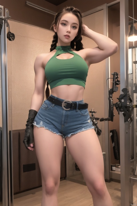  Movie texture, super-clear detail, muscular, tall women, wide shoulders, narrow waist, crop halter vest, buckle belt, denim shorts, holster on thigh, Barrett sniper rifle over shoulder, aiming at distant enemies, assassins, world set, 16k, long hair beauty, long legs, body proportions perfect, wearing combat boots, toned body, tanning fitness, full of detail, Extreme vascular and hair detail, wild beauty, Sassy sister, high class, fingerless gloves, five fingers, two hands, two legs, oily skin, bloodshot thighs, pear-shaped body, perfect waist-to-hip ratio, multiple braids, silver hair, body scars, aimeibo